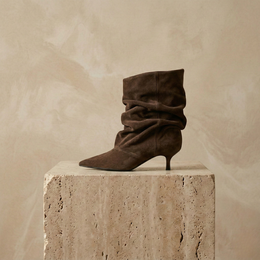 FJØRNA women's suede ankle boots with low heel and pointed toe, stylish footwear for casual or dressy outfits.