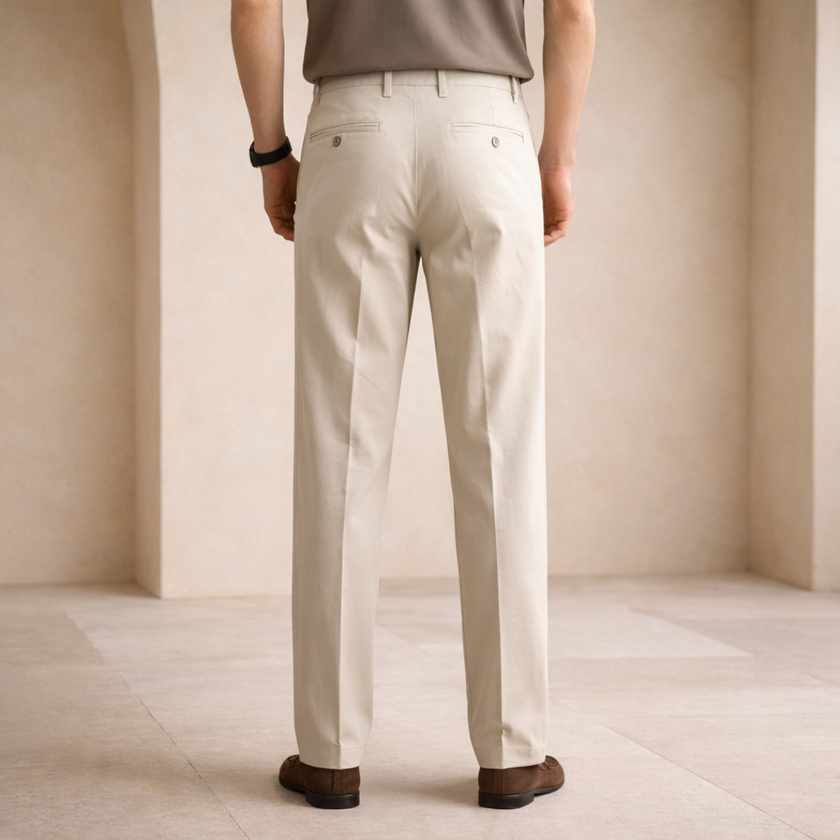 FJØRNA men's straight leg trousers with elastic waistband, stylish and comfortable pants for casual or smart-casual wear.