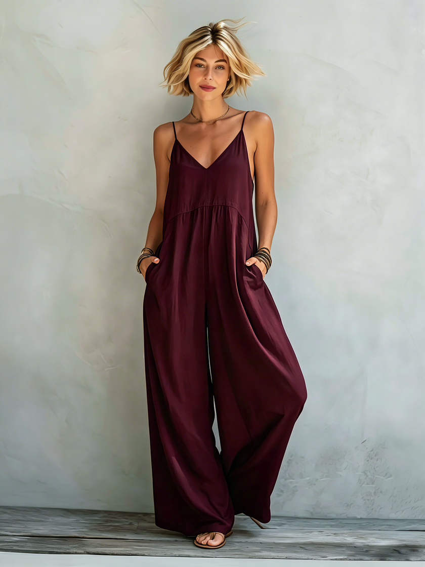 FJØRNA cotton-linen sleeveless jumpsuit for women, loose-fit wide-leg pants with square neckline in natural fabric.