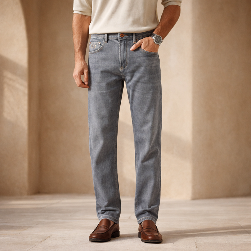 FJØRNA men's slim fit grey wash casual jeans, showing front view with classic five-pocket design and modern fit.