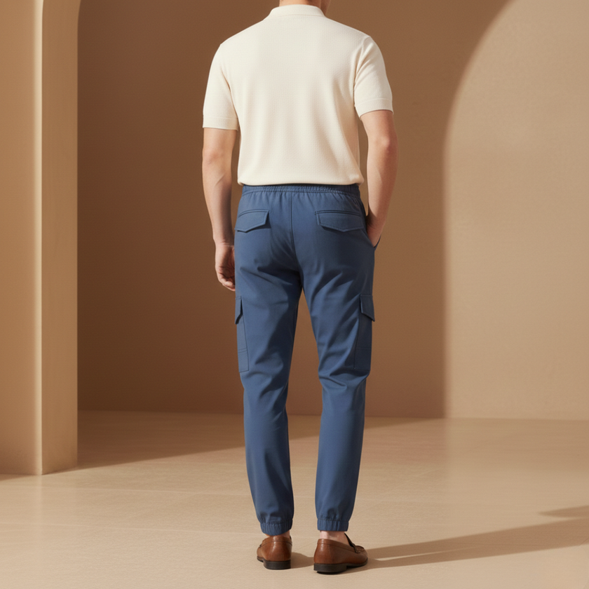 FJØRNA men's cargo trousers with drawstring waist, relaxed fit, and multiple pockets, casual and comfortable pants for men.