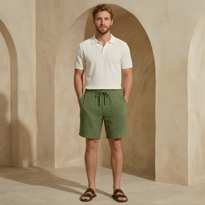 Men's relaxed fit drawstring shorts by FJØRNA, showing comfortable casual shorts with adjustable waist and lightweight fabric.