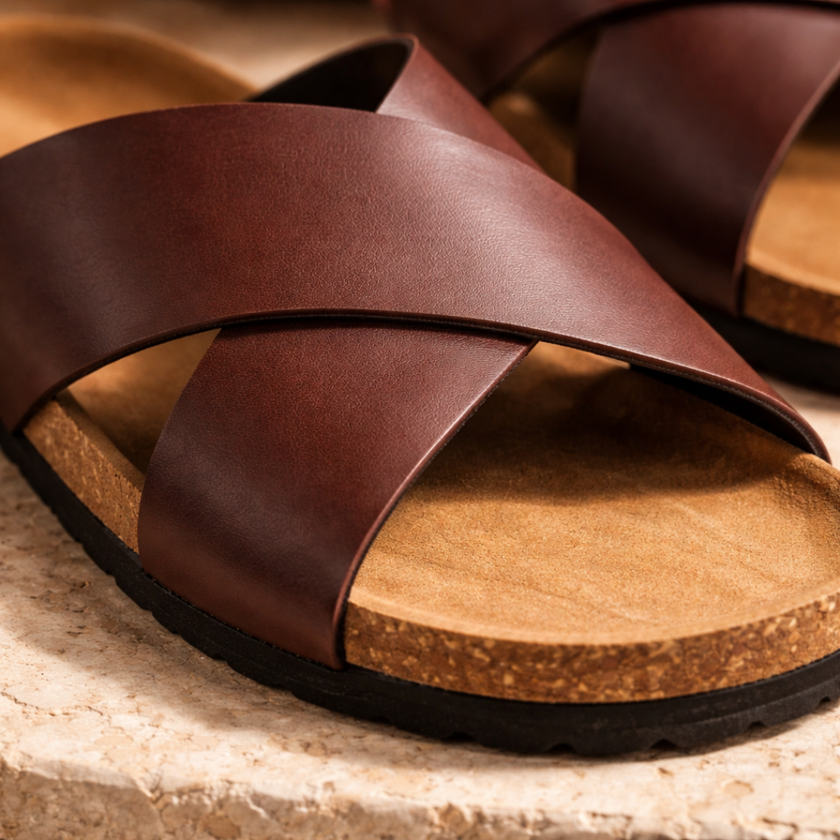FJØRNA men's red cushioned sandals with open toe and adjustable straps, designed for comfortable casual wear.