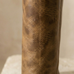 Tan leather men's knee-high boots with block heels from FJØRNA, showing the sleek design and sturdy heel detail.