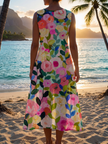 FJØRNA women's floral sleeveless summer midi dress with a flowy design, perfect for warm-weather casual wear.