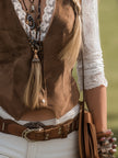Brown suede lace sleeve Western shirt for women by FJØRNA, featuring a stylish design and intricate lace details on the sleeves.