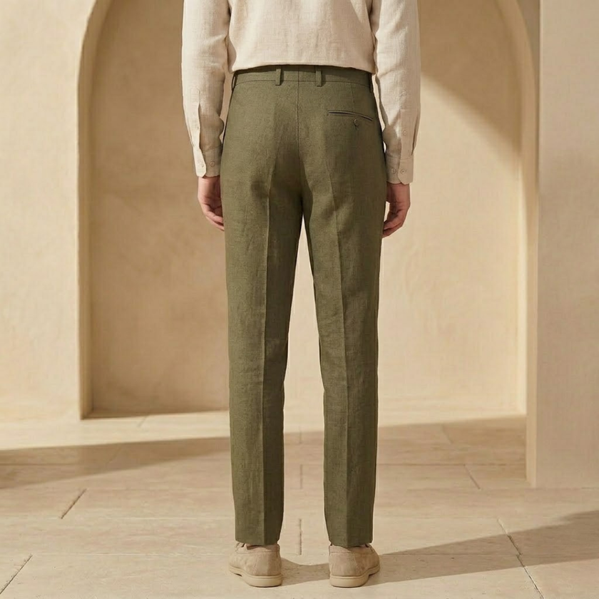 FJØRNA men's linen trousers with drawstring and pleated design, showcasing lightweight, breathable fabric and relaxed fit.