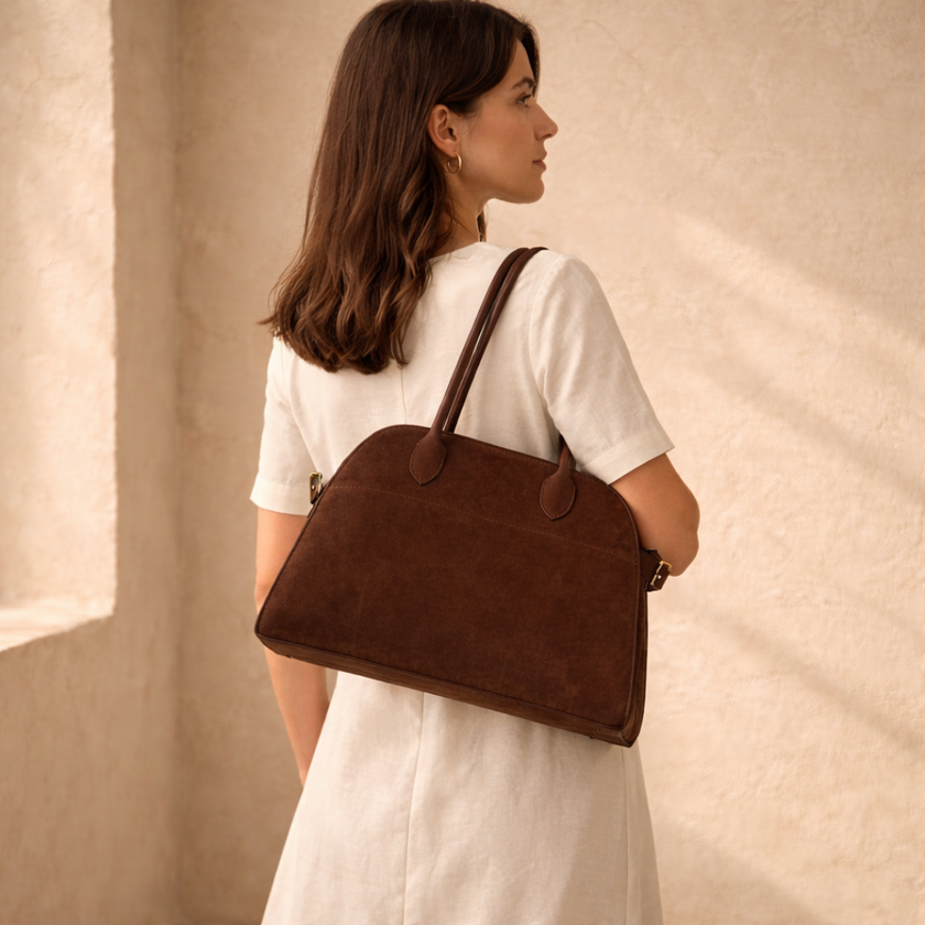 Vegan large suede handbag for women by FJØRNA, stylish and spacious with a sleek design and top handle.