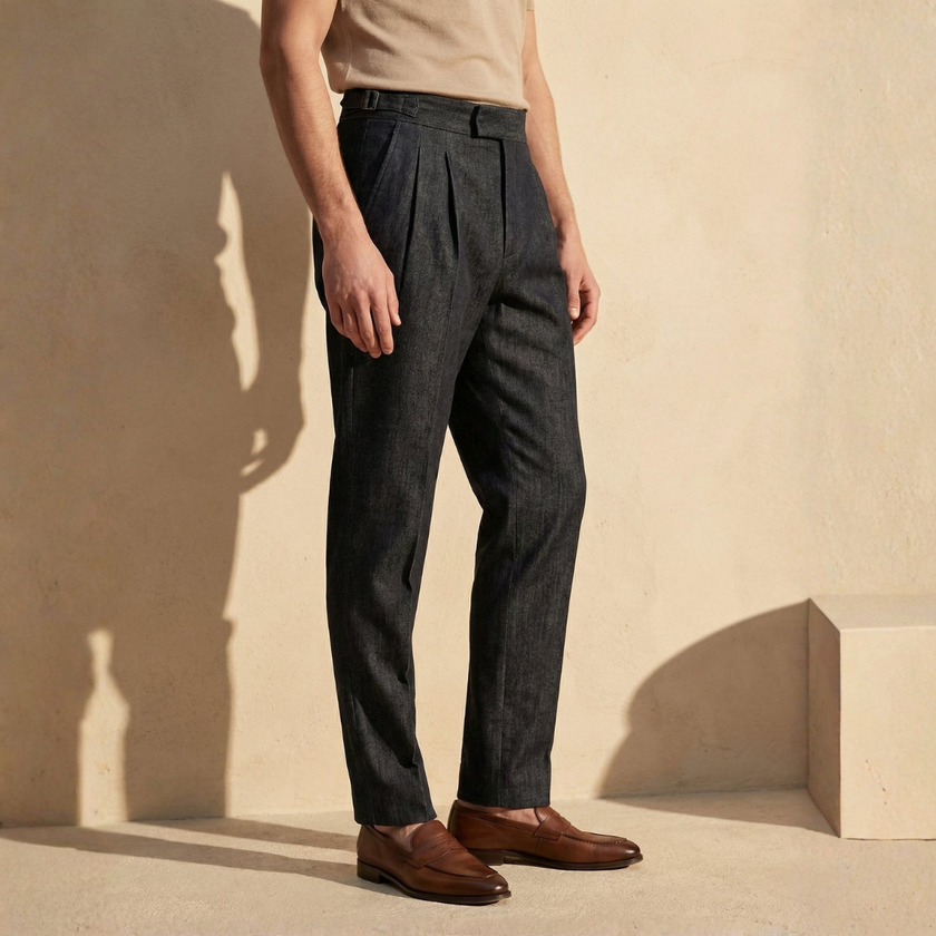 FJØRNA men's high waist straight leg trousers, tailored pants with a sleek fit and classic design, shown in a neutral color.