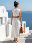 FJØRNA elegant sleeveless midi wrap dress for women, showcasing a stylish and sophisticated design perfect for formal occasions.