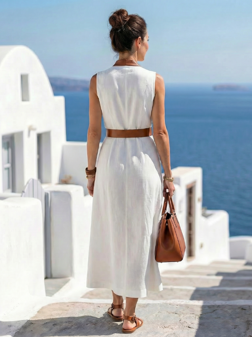 FJØRNA elegant sleeveless midi wrap dress for women, showcasing a stylish and sophisticated design perfect for formal occasions.