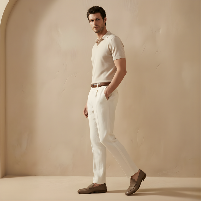 Men's linen blend straight leg trousers by FJØRNA, relaxed fit, casual pant style with visible waistband and relaxed fit silhouette.