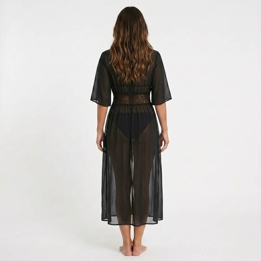 Women's FJØRNA tie waist cover-up maxi dress with breathable woven fabric, featuring a relaxed fit and elegant design.