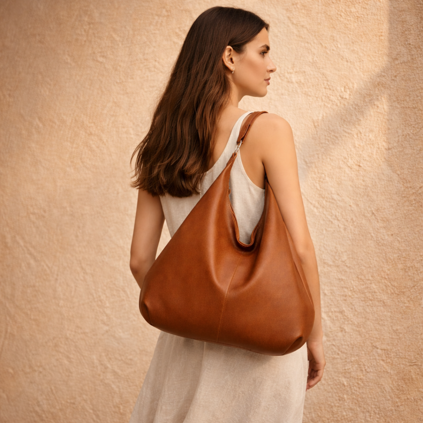 Large FJØRNA leather bag for women with spacious design and stylish appearance, showcasing the textured leather material.