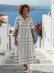 FJØRNA women's summer midi dress with striped pattern, V-neck, short sleeves, casual style, perfect for warm weather.