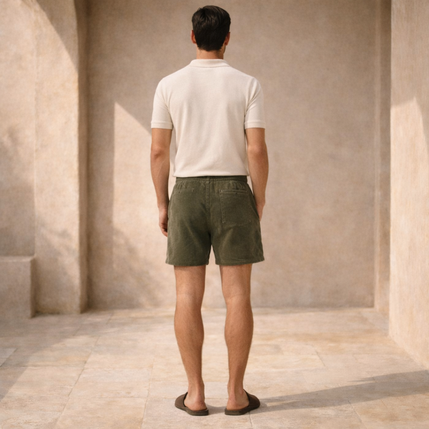 Men's FJØRNA corduroy shorts with drawstring waist, showcasing beige fabric and casual fit for comfortable summer wear.