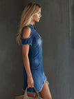 FJØRNA denim off-shoulder mini dress for women, stylish and casual with a fitted silhouette and trendy off-shoulder design.