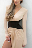 FJØRNA color-blocked V-neck long-sleeved maxi dress with high slit, slim fit, and elegant design, shown in vibrant fabric.