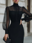 FJØRNA high-neck midi dress with sheer long sleeves, tailored fit, and elegant silhouette for sophisticated occasions.