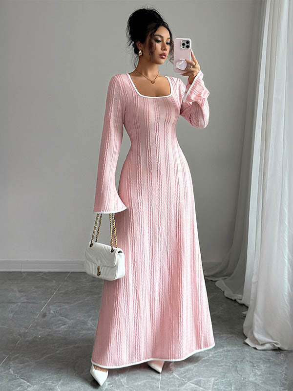 FJØRNA white A-line bodycon ribbed knit maxi dress with split joint and square neckline, fitted design, and elegant silhouette.