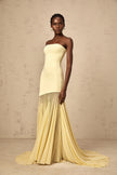FJØRNA Josiane yellow off-shoulder sheer tulle maxi dress with flowing fabric and elegant design, perfect for special occasions