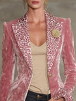 Pink contrast leopard print velvet blazer with lapel, stylish jacket from FJØRNA featuring bold animal pattern and tailored fit.