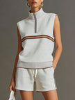FJØRNA retro sporty grey and white sleeveless sweatshirt and shorts set with half-zip design, casual athletic style.