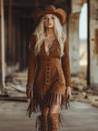 FJØRNA brown faux suede tassel mini dress with casual style, featuring tassel accents and a fitted silhouette.