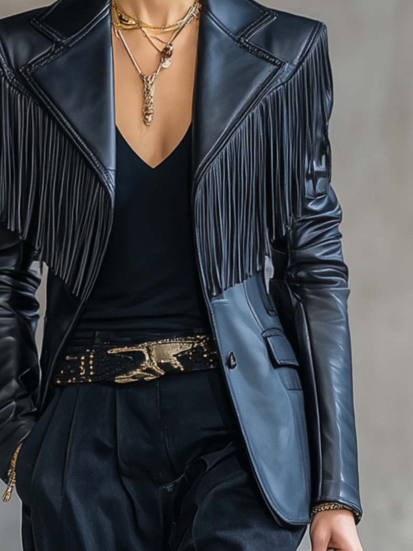 FJØRNA black faux leather blazer with tassel details, notch lapel, tailored jacket for stylish, modern look.