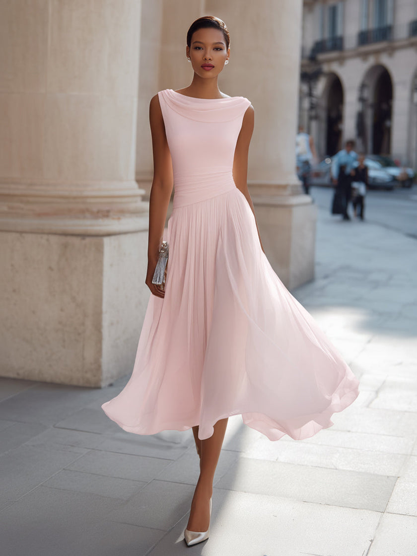 FJØRNA sleeveless pleated midi dress with draped neckline, flowing fabric, and elegant design perfect for formal occasions