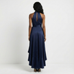 FJØRNA satin halter neck wrap maxi dress with bow tie waist and ruffled hem, elegant evening wear, front view.
