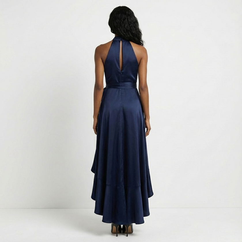 FJØRNA satin halter neck wrap maxi dress with bow tie waist and ruffled hem, elegant evening wear, front view.