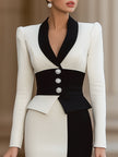 FJØRNA black and white tailored pencil dress for women, featuring a classic contrast design and fitted silhouette.