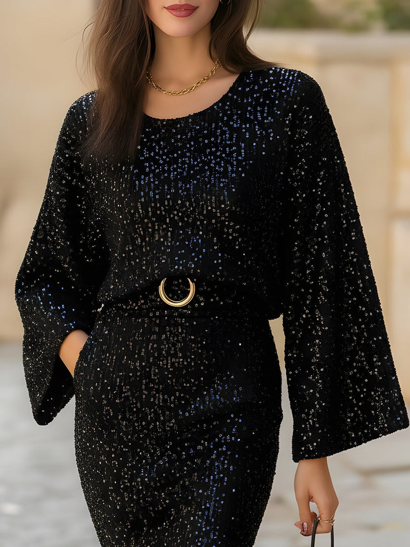 FJØRNA sequin knit bell-sleeve belted bodycon dress, sparkly women's dress with long sleeves and fitted silhouette.