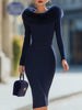 FJØRNA navy midi dress with faux fur collar, elegant and luxurious, perfect for stylish occasions.