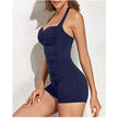 FJØRNA women's shaping halter swimsuit with pleated fit, showcasing the stylish design and supportive swimwear details.