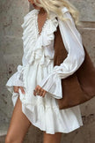 FJØRNA solid color V-neck ruffled ruched long-sleeved vacation mini dress, casual wedding dress, displayed on a hanger.