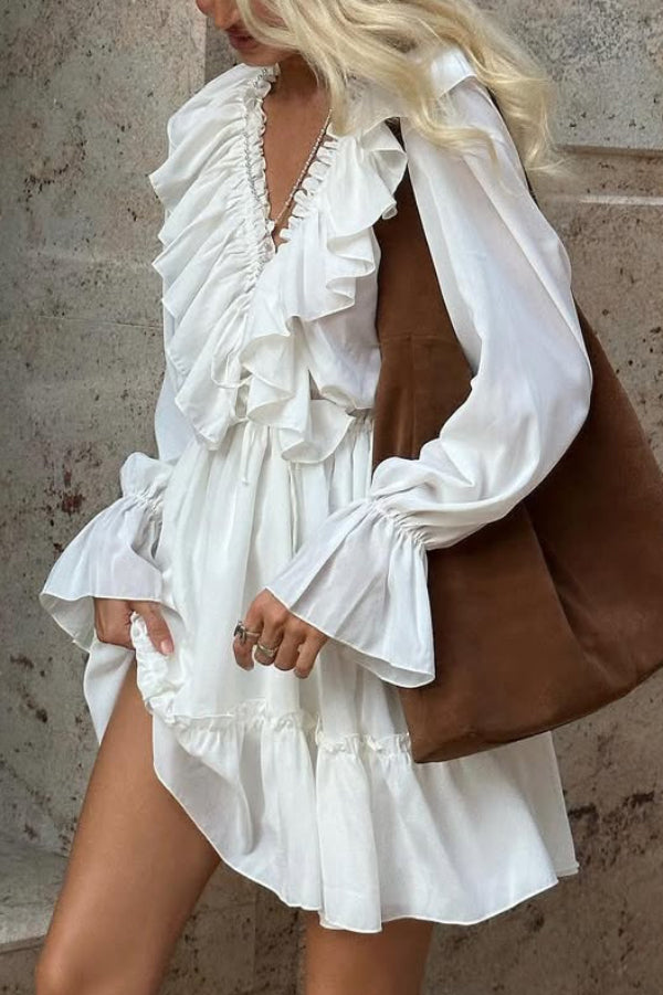 FJØRNA solid color V-neck ruffled ruched long-sleeved vacation mini dress, casual wedding dress, displayed on a hanger.