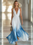 White chiffon V-neck maxi dress by FJØRNA, flowing evening dress with elegant design and lightweight fabric.