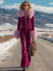 Rose red velvet faux fur collar jumpsuit by FJØRNA, featuring flared legs and a stylish, elegant design.