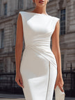 FJØRNA sleeveless ruched side zip midi dress with fitted silhouette and stylish detailing, showcased on a model.