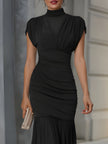 FJØRNA draped high-neck ruched mermaid maxi dress for women, elegant evening gown with fitted silhouette and flowing fabric.