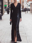 FJØRNA black sequin-panel wrap evening gown, elegant maxi dress with shiny sequin details and a sophisticated wrap design.