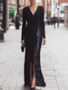 FJØRNA black sequin-panel wrap evening gown, elegant maxi dress with shiny sequin details and a sophisticated wrap design.
