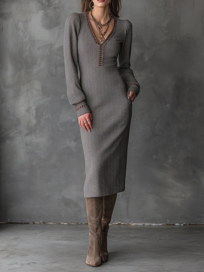 Ash taupe herringbone knit midi dress by FJØRNA featuring bohemian style, long sleeves, and a relaxed midi length.