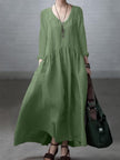 FJØRNA casual cotton and linen V-neck dress with loose fit, perfect for wedding or casual occasions, shown in soft natural fabric.