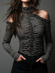 FJØRNA black striped high neck cold-shoulder ruched T-shirt with long sleeves and fitted design, stylish and trendy top.