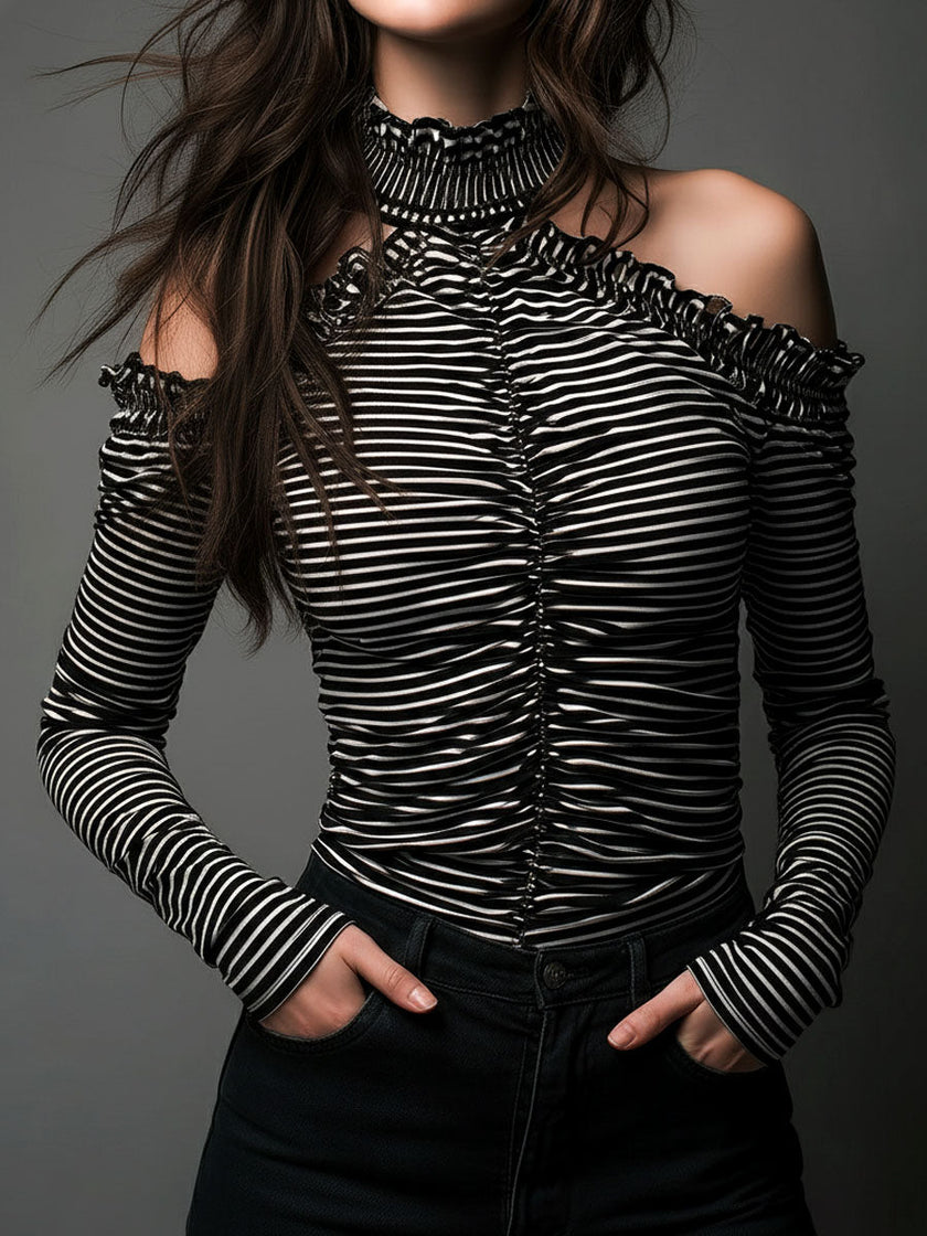 FJØRNA black striped high neck cold-shoulder ruched T-shirt with long sleeves and fitted design, stylish and trendy top.