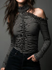 Black striped high neck cold-shoulder ruched T-shirt by FJØRNA, showing the top with long sleeves and ruched detail.