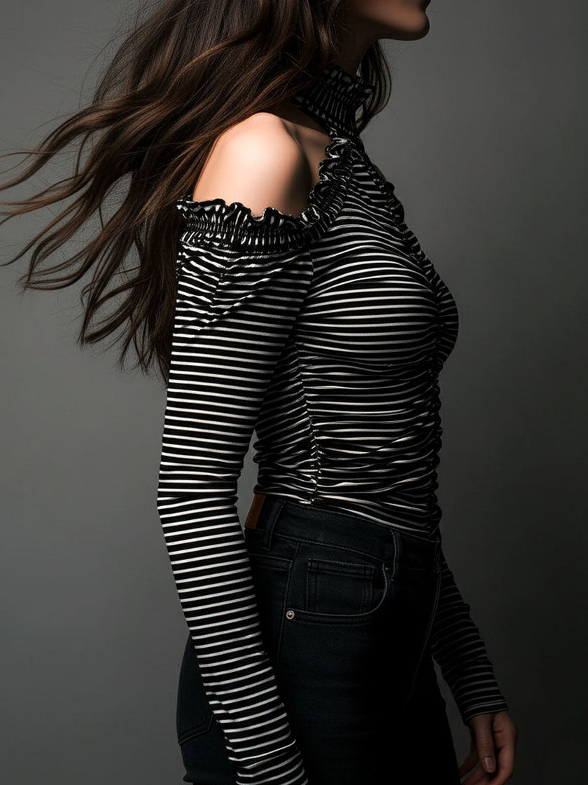 FJØRNA black striped high neck cold-shoulder ruched T-shirt with long sleeves and fitted style, casual and trendy top.